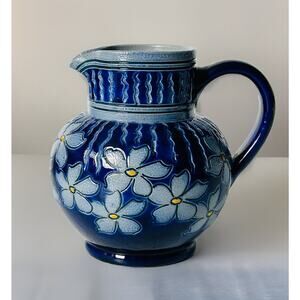 Schmitter France SaltGlaze Pottery 5” Pitcher Blue Yellow Floral Vintage c. 1960